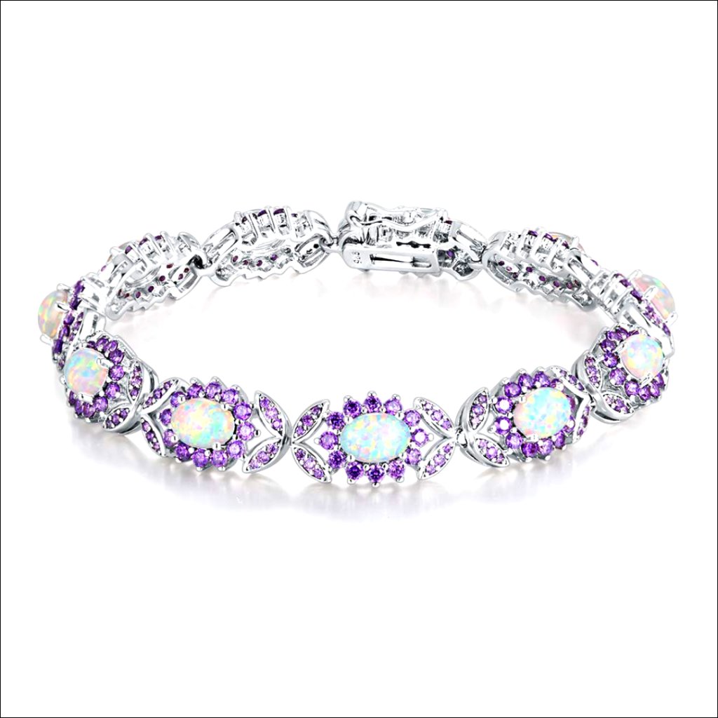 White Gold Plated Tennis Bracelet With Created Opal And Amethyst